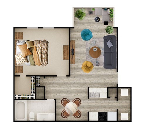 Floor plan for 1 bed, 1 bath, 691 sqft